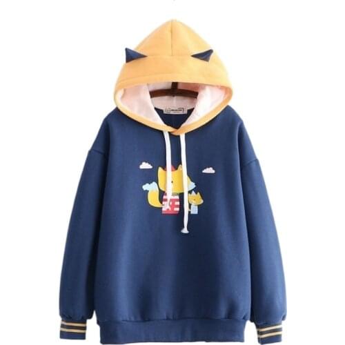 Harakuju Cartoon Fox Print Casual Pullover Hoodies Women 2021 Winter Long Sleeve Hooded Sweatshirt Girly Loose Female Fleece Top