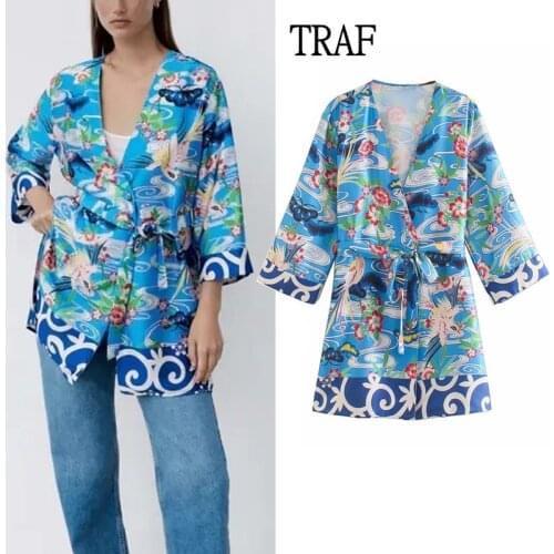 TRAF Za 2021 Women Shirt Summer Vintage Print Loose Long Sleeve Kimono Woman Chic Bow Belt Vintage Top Woman Blouses Holiday Top