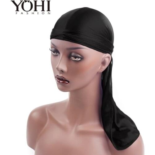 New Fashion Hot Silk Long Tail Cap Satin Durags Bandanna Turban Wigs Men Silky Durag Headwear Pirate Hat for Men