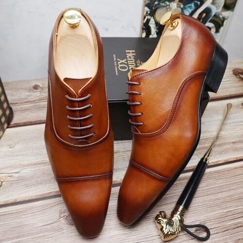Fashion Brand Mens Oxford Leather Shoes Black Brown Cap Toe Hand-Polished Lace up Pointer Toe Men Dress Shoes Men Formal Shoes