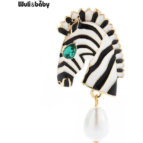 Wuli&baby Pearl Zebra Brooches For Women Unisex 2-color Horse Animal Head Party Office Brooch Pin Gifts