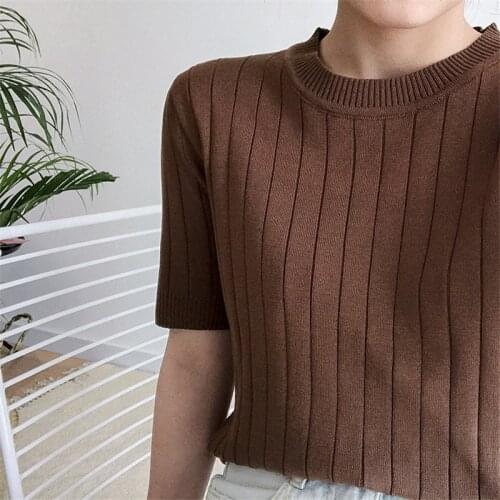 Summer T shirt Women Korean Knitted Casual Slim O-Neck Tees Tops Short Sleeve T-shirt Female Tshirt