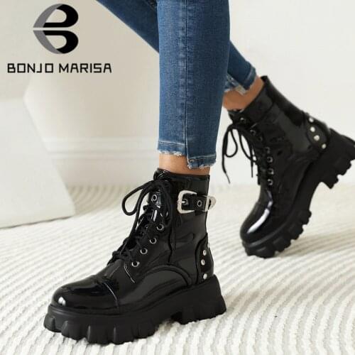 BONJOMARISA Brand Platform Chunky Gothic Punk Motorcycle womens Boots Patent PU Fashion Casual Black Lace Up Ladies Shoes