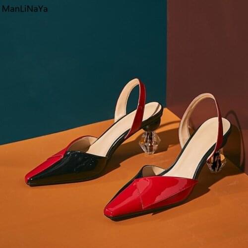 Strange Style Heel Square Pointed Toe Women Shoes Patent Leather Elastic band Women Pupms Rhombic Crystal Mixed Colors Shoes