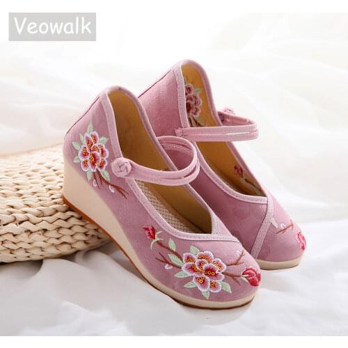 Veowalk Women Jacquard Cotton Embroidered Wedge High Heel 6.5cm Ladies Comfort Casual Canvas Platform Pumps Woman Costume Shoes