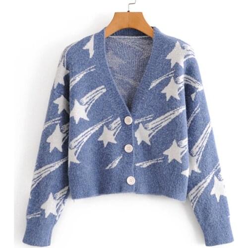 Spring Autumn Womens Sweater Cardigan 2021 New Stars Print Knitted Cardigan Female Jacket V Neck Loose Knitwear Winter Sweater