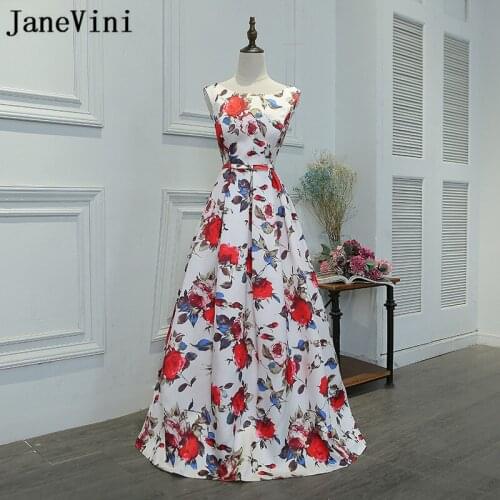 JaneVini Robe Soiree Floral Print Satin Prom Dress 2018 Sleeveless A-Line Women Bridesmaid Dresses For Wedding Party Dress Long