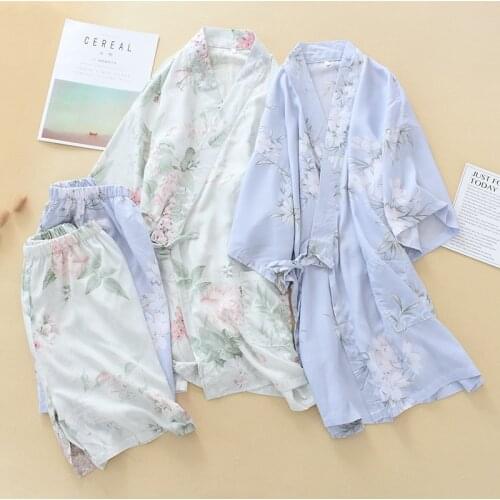 Womens Summer Kimono Short-sleeved Shorts Pajamas Suit Japanese Kimono Traditional Home Clothes Bath Steamed Clothes Yukata