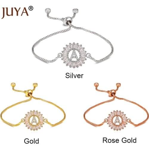 Gold Rose Gold Adjustable Chain Round Zircon Crystal Letters Women Initial Bracelets Bangles Christmas Birthday Gift