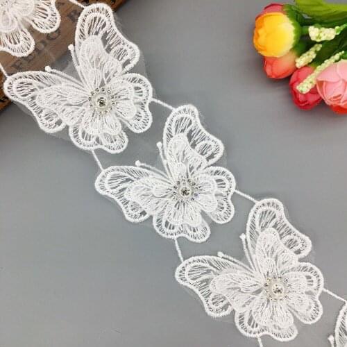 13 x 3D Diamond Rhinestone Butterfly Embroidered Lace Trim Applique Trimmings Ribbon Fabric Wedding Dress Veil Sewing Craft