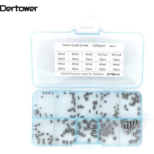 200Pcs/set M2 M2.5 M3 M4 DIN913 304 Stainless Steel Metric Thread Grub Screw Concave Flat Hexagon Socket Set Screws Headless Kit