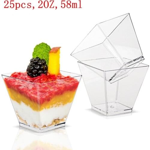 25pcs Disposable Dessert Cup 58ml Plastic Clear Square Jelly Mousses Dessert Cup Mini Food Container for Party Birthday Supplies