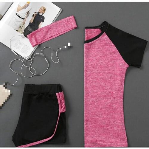 3 PCs Quick Drying Womens Yoga Sets Tops T Shirts/Shorts/Headband Female Fittness Gym Clothes Outfits Short Sleeves DBO