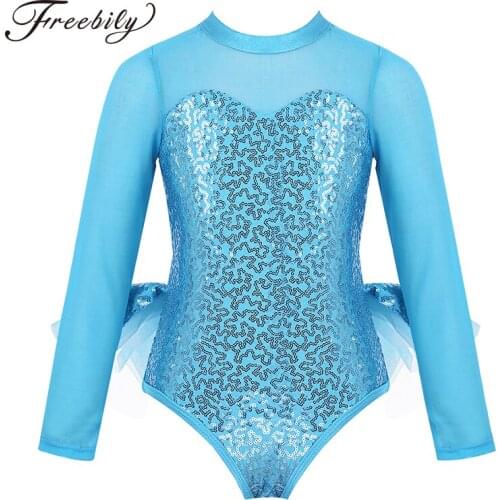 Kids Tulle Long Sleeves Cutout Back Sequins Tutu Ballet Dress Dancewear Gymnastics Leotard for Girls Performance Costume