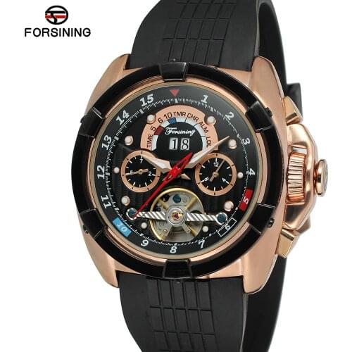 FORSINING Top Brand Luxury Outdoor Sport Automatic Tourbillon Mechanical Watch Men Calendar Silicone Strap Creative Mens Watches