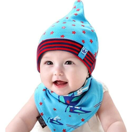 Baby Beanie Bib Set for Infant Boys Girls 3 to 24 Months Stars Style Kids Cap and Saliva Towel Triangle Head Scarf Children Hat