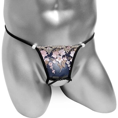 Erotic Sissy Panties Open Crotchless With Floral Embroidery Beads Mens Thong Underwear Gay Bikini Sexy Male Lingerie