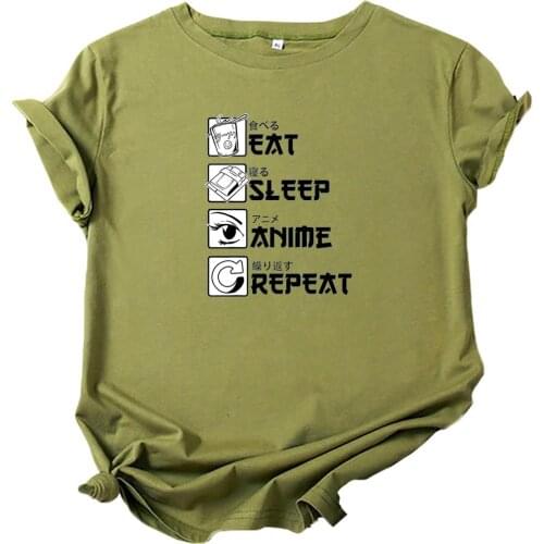 Mikialong Eat Sleep Anime Repeat T Shirt Women Short Sleeve Japanese Graphic Tee Women Tshirt Cotton Funny Femme T-shirts