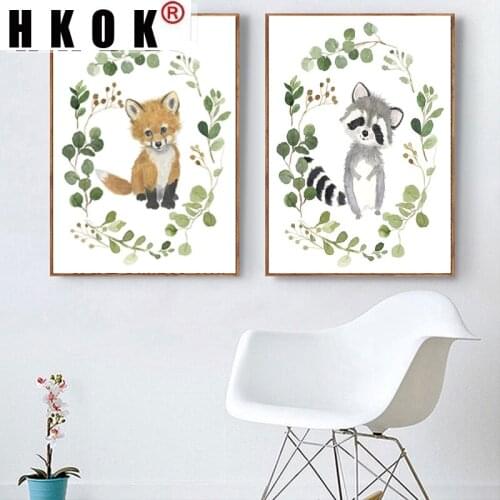 HKOK Abstract Modular Canvas Paintings Posters Prints Baby Squirrel Woodland Nursery Wall Art Pictures Home Decor Living Room