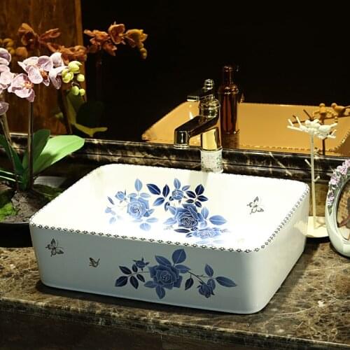 China Painting wash basin Bathroom vessel sinks countertop wash basin bathroom sinks blue and white rose