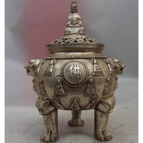China Buddhism White Copper Silver Kwan-yin Guanyin Buddha Incense Burner Censer