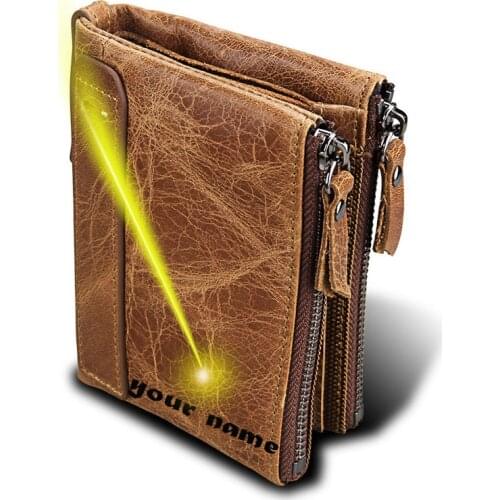 12.1x9.4x2.1cm first layer genuine leather card holder wallet women men purse zipper coin bag free name engraving