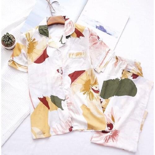 Summer and Autumn Cotton Silk Pajamas Womens Thin Short-sleeved Trousers Suit Flower Print Pijamas Women Cardigan Sleep Wear