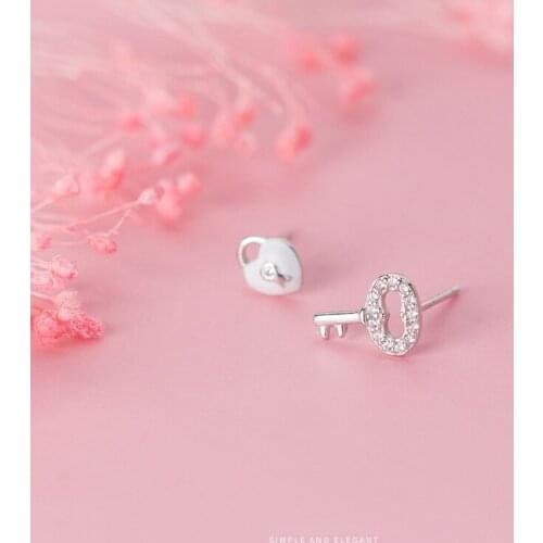 MODIAN Romantic Valentines Gift 925 Sterling Silver Shining Zircon Cute Key Lock Asymmetry Stud Earring for Women Fine Jewelry