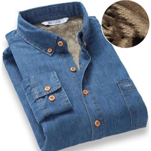 Fleece Top Keep warm Fashion Brand Winter Jeans Shirt Men Warm Fleece Lined Velvet Denim Shirts 4XL Male Bottoming Shirt blue