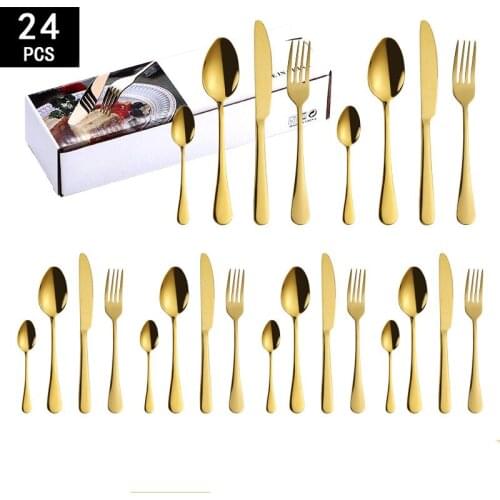 24pcs Gold Dinnerware Set Stainless Steel Tableware Set Knife Fork Spoon Flatware Set Safe Cutlery Set
