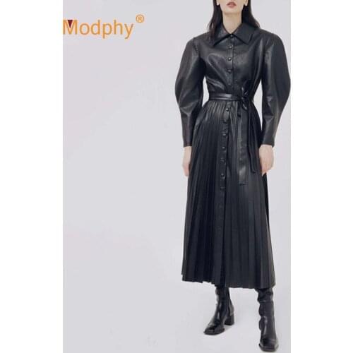 2020 Autumn New Ladies Lapel Pu Dress Vestidos Fashion Long Sleeve Single Breasted Lace-Up Bow Celebrity Club Party Midi Dress