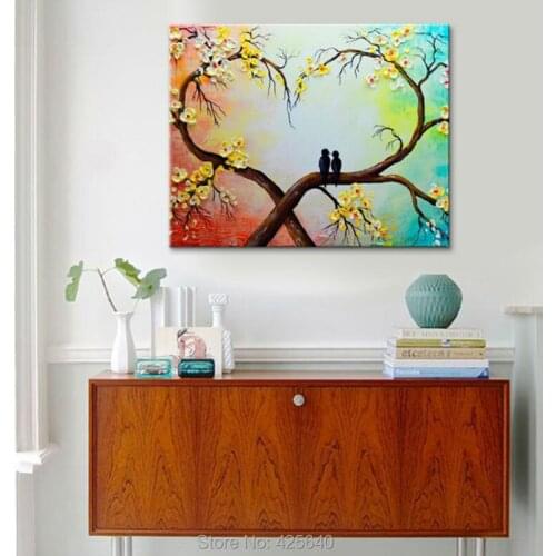 Canvas Painting palette knife 3D texture acrylic Flower tree love birds painting Wall art Pictures For Living Room home decor 01