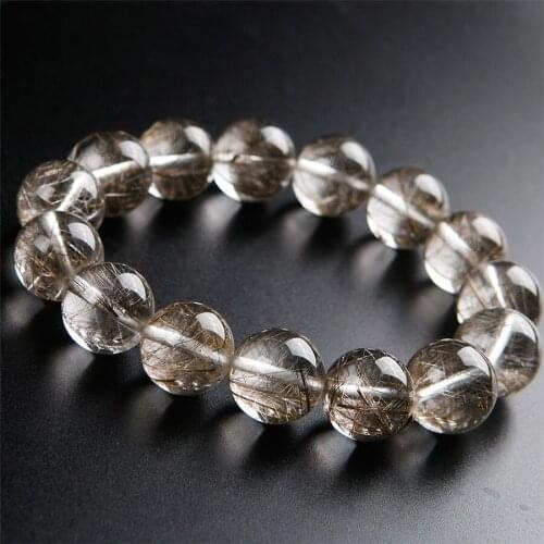 Genuine Brazil Natural Silver Hair Rutilated Quartz Crystal Stone Bead Women Healing Bracelet 16mm