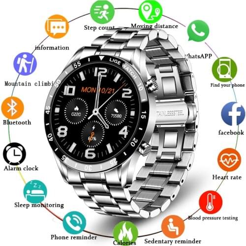 LIGE Business Smart Watch Men Heart Rate Monitor Activity Tracking Steel Band Watch Sports Waterproof Bluetooth Call Smartwatch