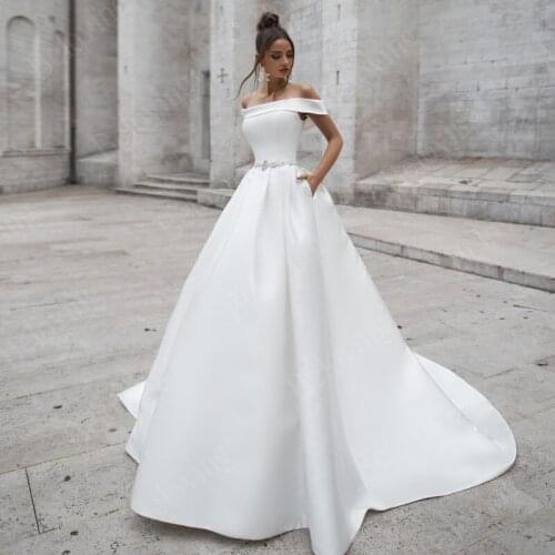 Boat Neck A Line Wedding Dresses With Satin Sleeveless Floor Length Formal Bride Dress Boho Bridal Gowns Vestido De Noiva Long