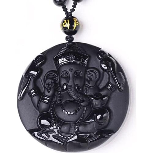 Thailand Ganesha Pendant Natural Black Obsidian Jade Carved Elephant Lucky Amulet Necklace With Chain Fine Crystal Jewelry
