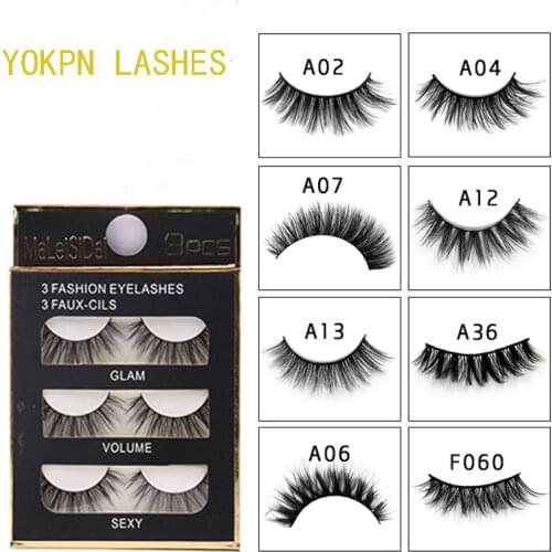 YOKPN 3D Long Thick Curling False Eyelashes Handmade Natural Nude Fake Eyelashes Mink False Eyelashes Beauty Makeup Tool 3 Pairs