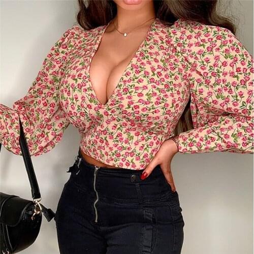 2020 Long Sleeve Bubble Womens Tops Printed color pleated navel slim top Blouse Women Fashion V-neck