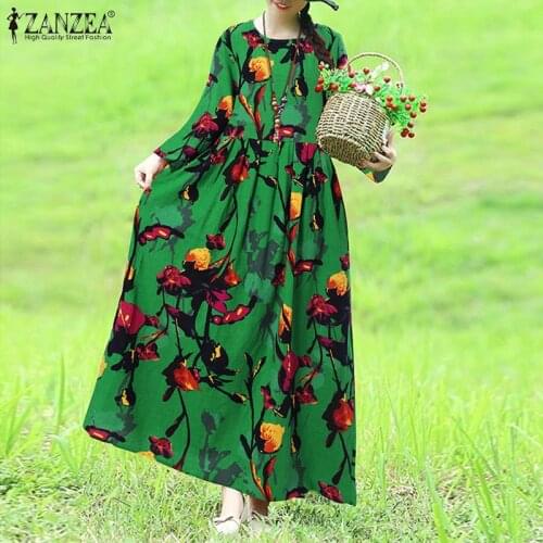 Oversized ZANZEA Women Vintage Sundress Spring Bohemian Floral Printed Long Sleeve Maxi Long Dress Casual Loose Vestidos Robe
