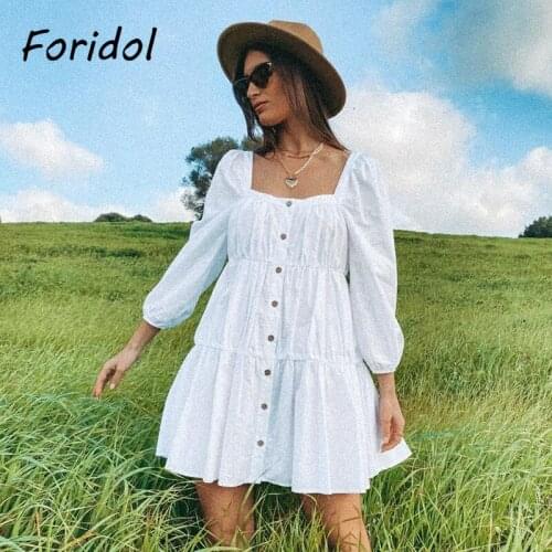 Foridol Casual Button Up Loose White Dress Women Long Sleeve Square Collar Short Dress Beach Summer Spring Dress Vestidos 2021