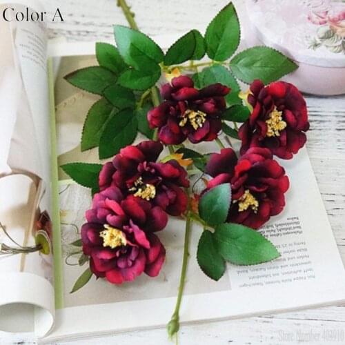 1PCS 60cm 5Heads Artificial tea rose fake silk flower accessories for bouquet decorative pot Weeding Artificial Camellia flower