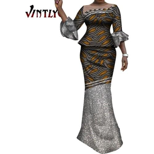 African Clothes Women Top and Skirts Match Pearls 2 Piece Sets Lady Patchwork Party Gowns Printed Dashiki Vintage Costume WY949