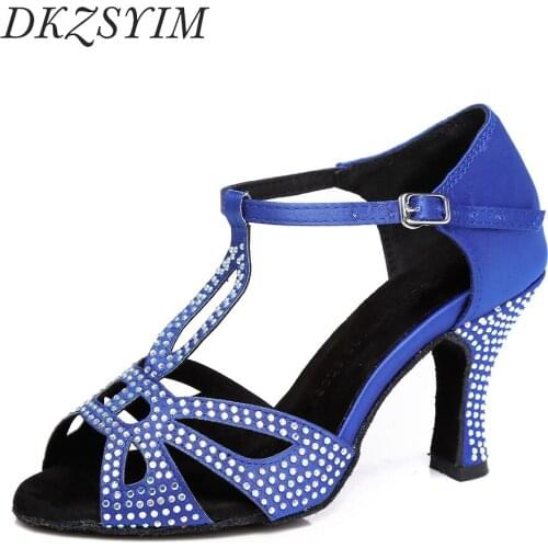 DKZSYIM Blue Latin Dance Shoes Satin Rhinestone Women Ballroom Tango Dance Shoes Red For Girls Dance Sandals High Heels 6-10CM