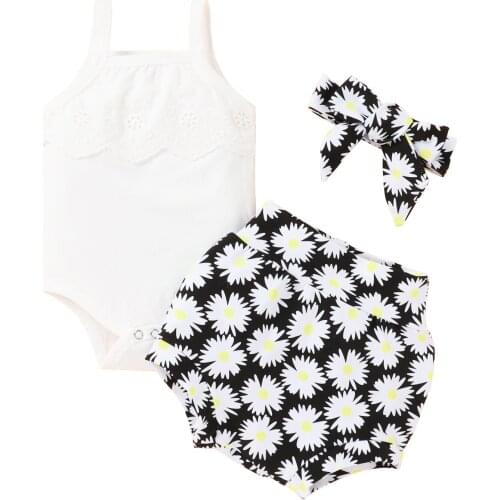 Newborn Baby Girl Clothes Set Camisole Romper + Shorts + Bow Headband Daisy Print Sweet Style Summer Clothing
