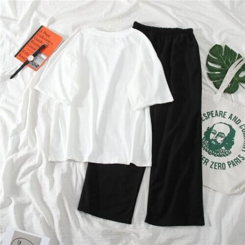 Lucyever Two Piece Set Women White Short Sleeve Shirt Black Ankle-length Pants New Casual Elastic Waist Pants Woman Simple Tops