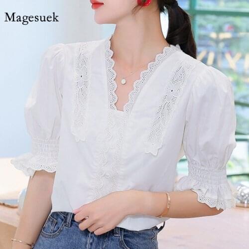 Summer V-neck Lace White Blouse for Women 2021 Solid Color Short Sleeve Shirts Casual Slim Womens Tops and Blouses Blusas 10204