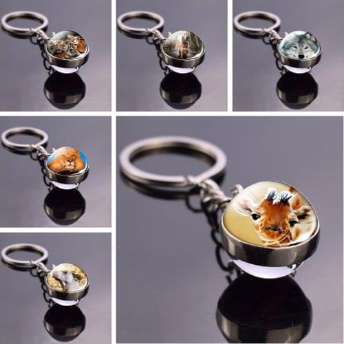 Cute Animal Giraffe Lion Tiger Dog Goat Wolf Pattern Art Glass Ball Keychain Jewelry Car Keys Accessories Gift for Animal Lovers