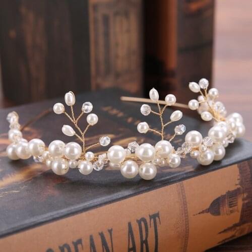 Trendy Gold Pearl Wedding Tiara Hairwear Woman Hair Jewelry Handmade Crystal Hairband Headwear Bride Accessories Gift New Design