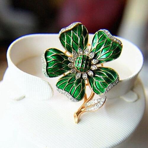 2018 new antiques, enamel, green flower, ear clip, brooch set