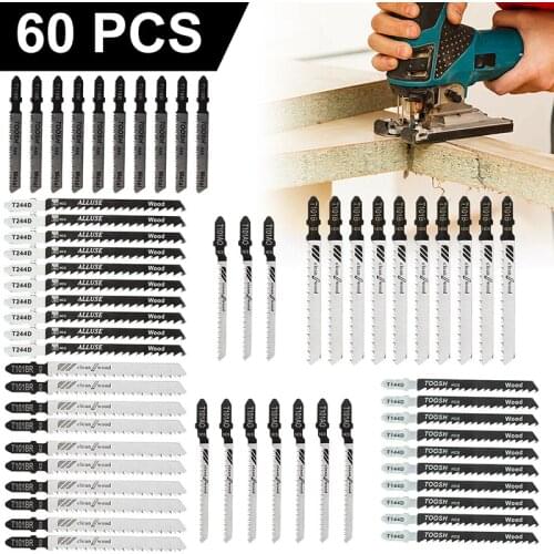 60PCS HCS/HSS Saw Blades Set T-Shank Jigsaw Blades Assorted Blades T244D/T118A Wood Plastic Metal Cutting Tool Kits
